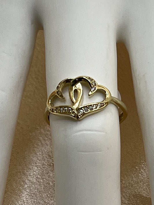 14K Yellow Gold Hearts Ring with White Zirconia Stones - 1.8 g