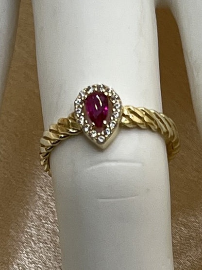 14K Yellow Gold Ring with White and Red Ruby Stones - 1.6 g