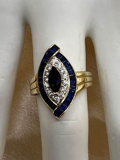 14K Yellow Gold Ring with White Zirconia and Sapphire Stones - 5.0 g