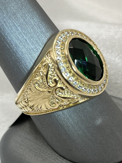 14K Gold Men's Ring with Green Zirconia Stone