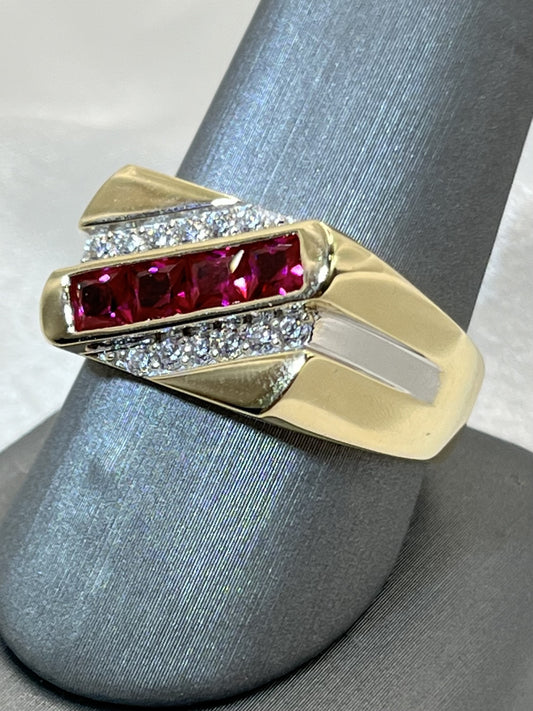 14K Flat Top Men's Gold Ring with Red Zirconia Stones