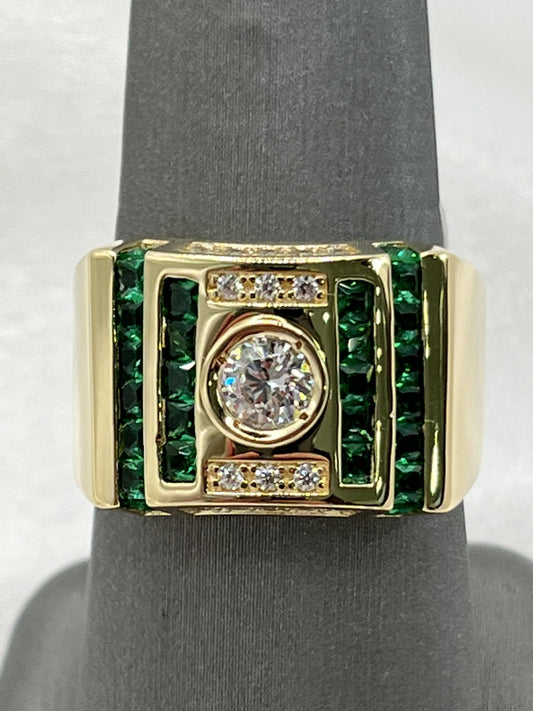 14K Gold Men's Ring with White and Green Zirconia Stones