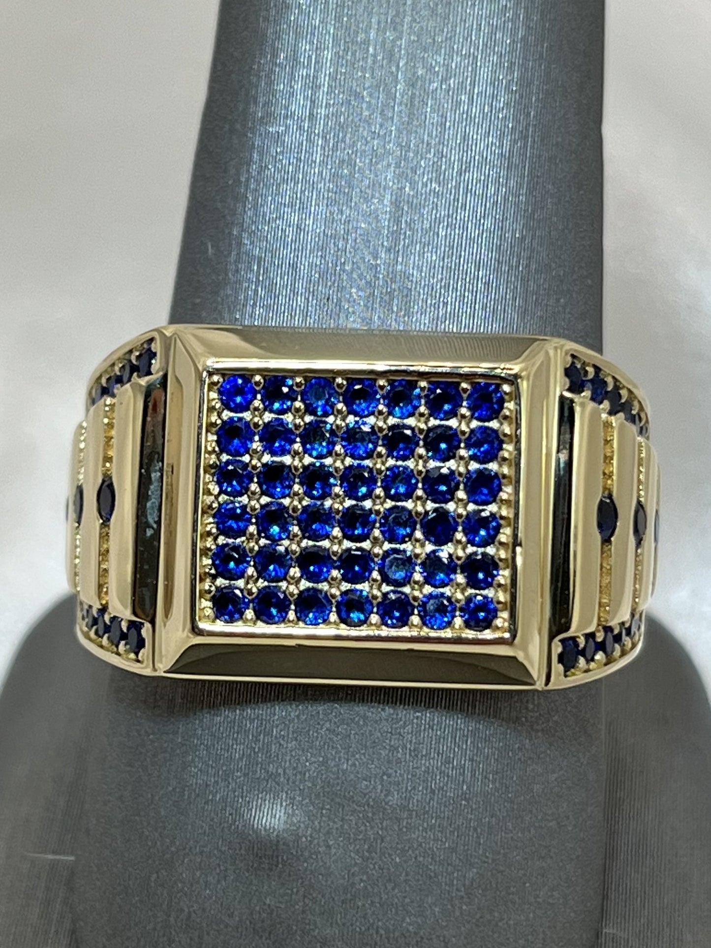 14K Gold Men's Ring with Blue Zirconia Stones