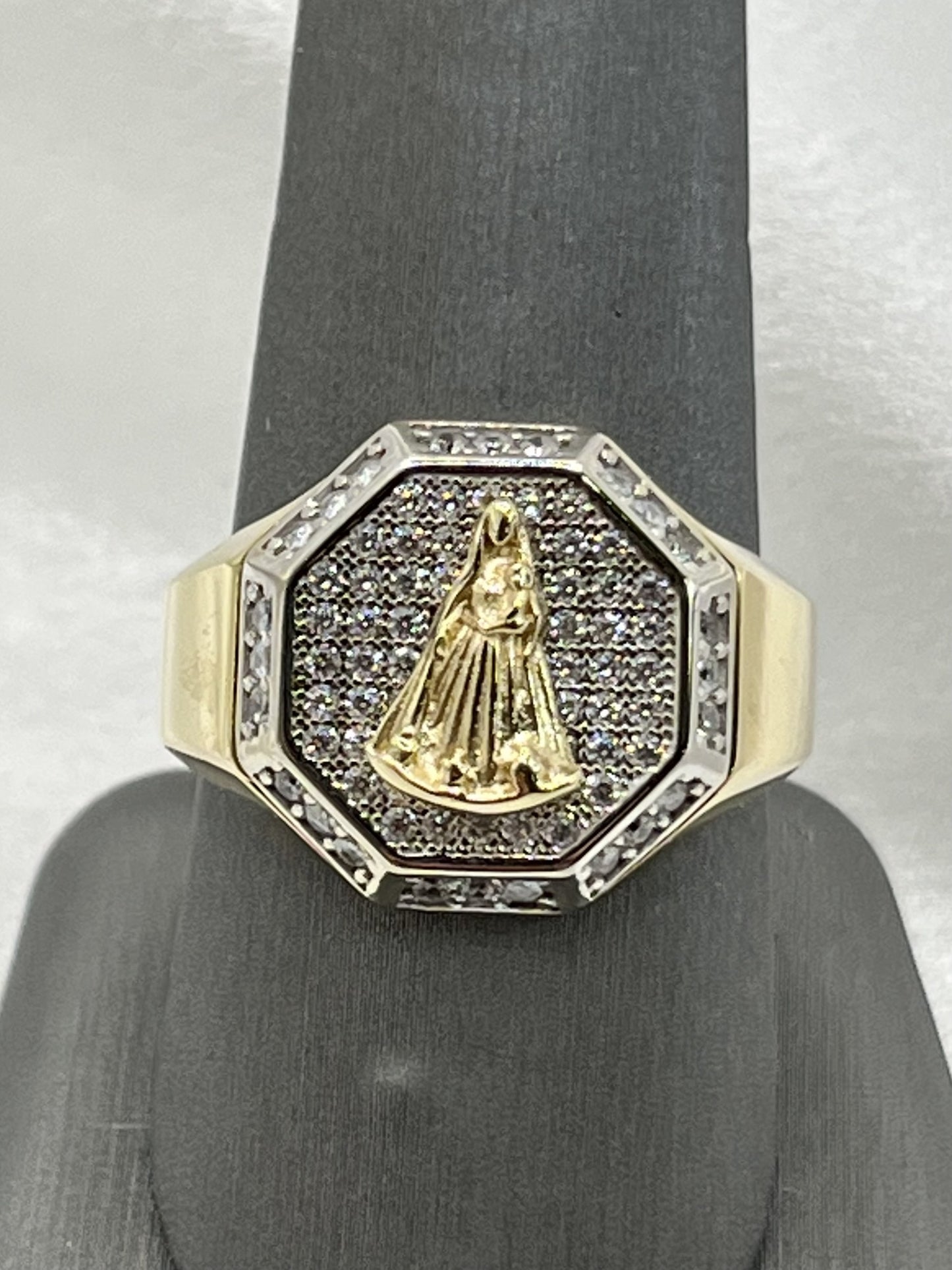 14K Gold Mary Ring with White Zirconia Stones