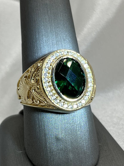 14K Gold Men's Ring with Green Zirconia Stone